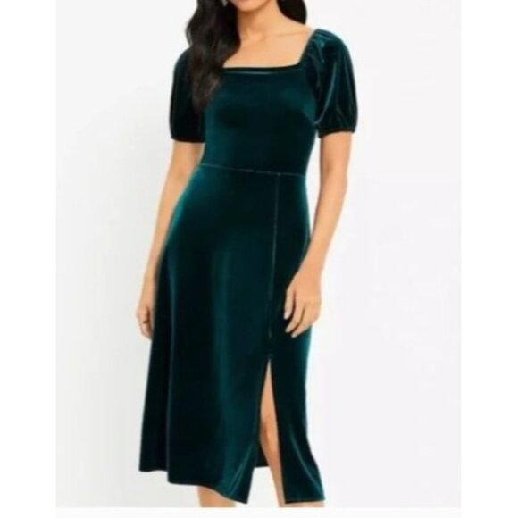 Loft Green Velvet Midi Dress Puff Sleeves & Side Slit Size 6 - Picture 1 of 9